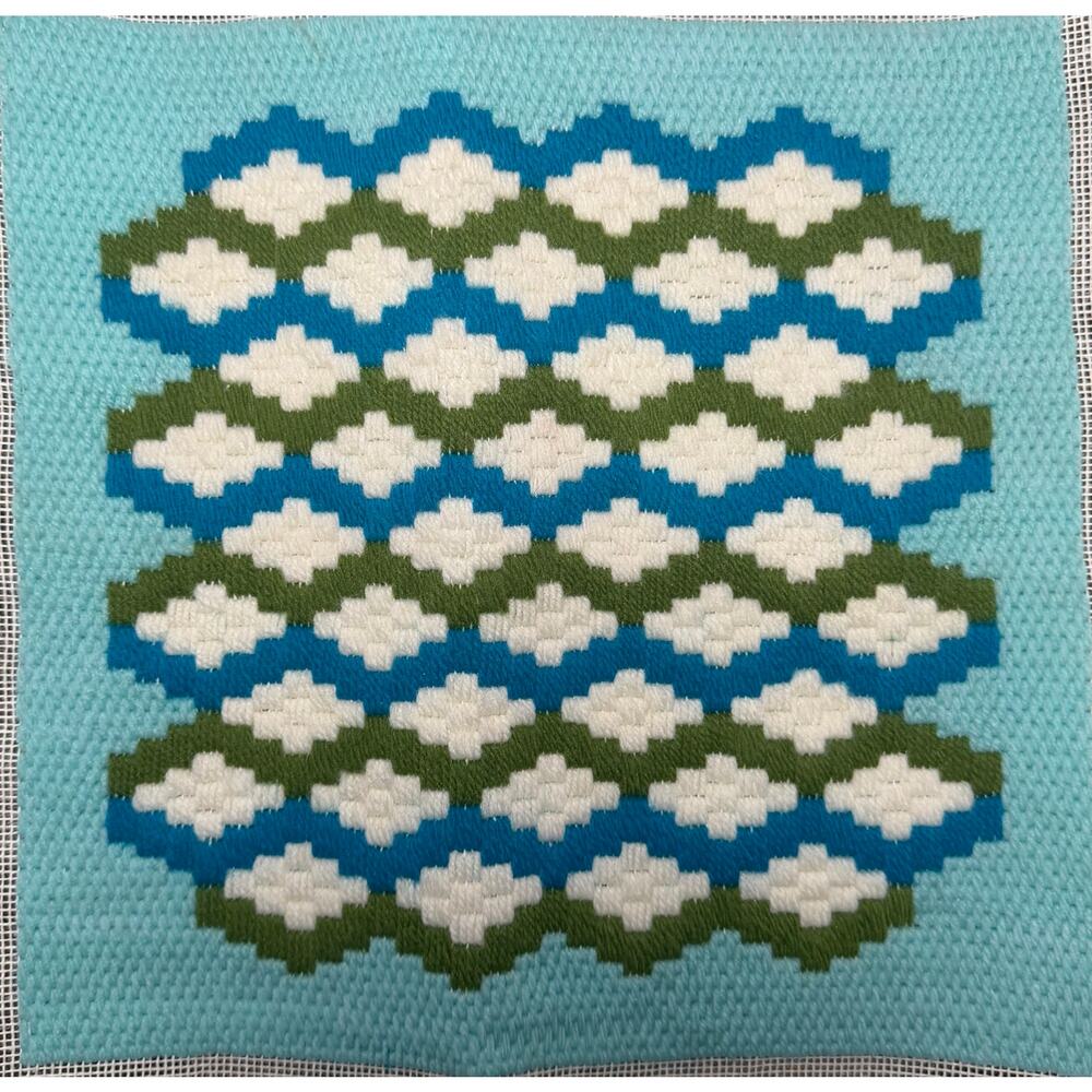 Vintage Mid Century‎ Geometric Needlepoint Blue Green MCM Boho Textile Art Decor